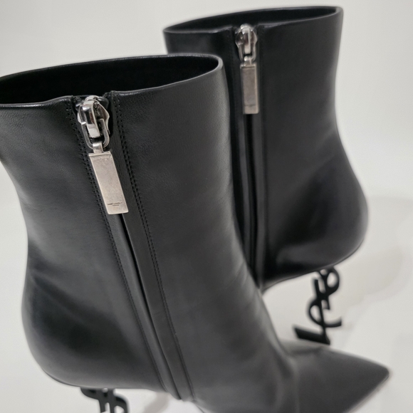 Saint Laurent Opyum Black Calfskin Ankle Boots Gold Heel Women’s Size 40 - Picture 5 of 14
